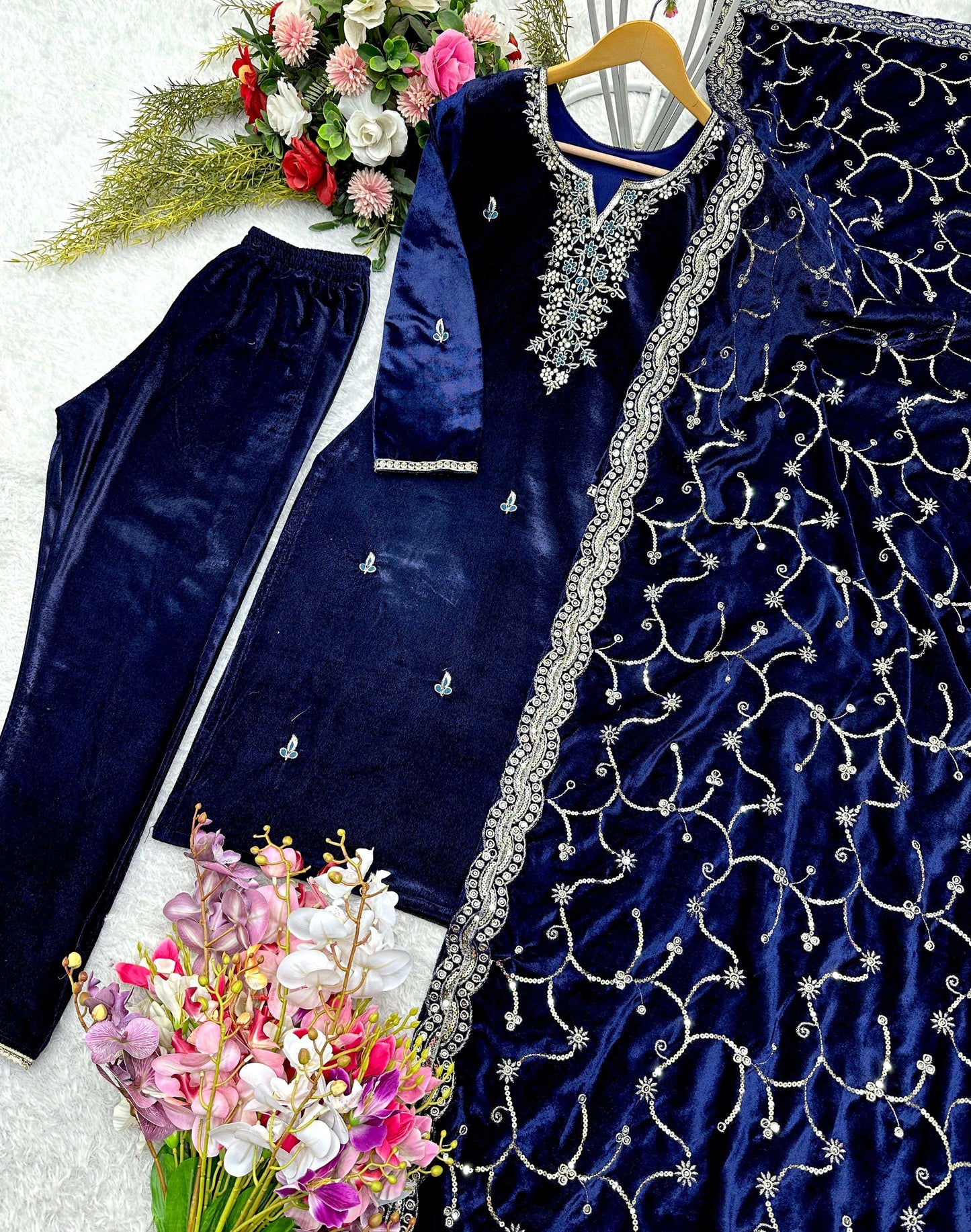 HOS WW-1140 Velvet Embroidered Suit Set – Sequins Work with Dupatta & Ready-to-Wear Stitched Pants - House Of ShiVisha