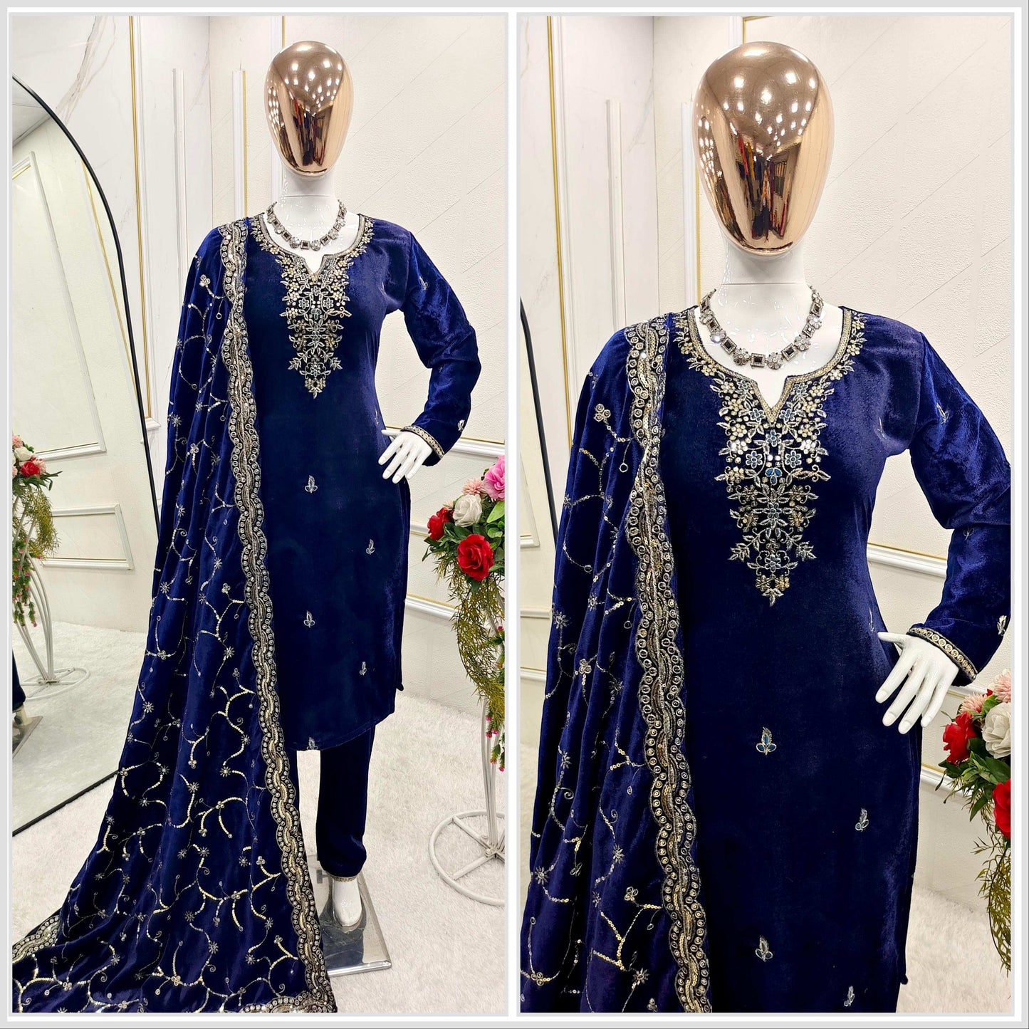 HOS WW-1140 Velvet Embroidered Suit Set – Sequins Work with Dupatta & Ready-to-Wear Stitched Pants - House Of ShiVisha
