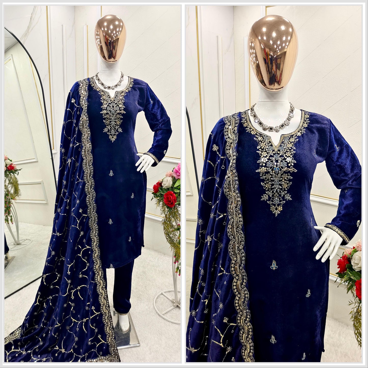 HOS WW-1140 Velvet Embroidered Suit Set – Sequins Work with Dupatta & Ready-to-Wear Stitched Pants