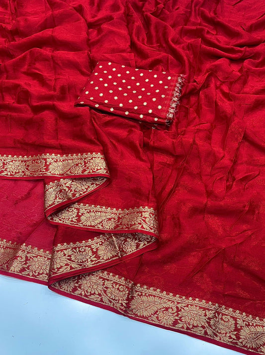 HOS Pure Chinon Chiffon Saree – Zari Weaving Border with Butti Brocade Blouse
