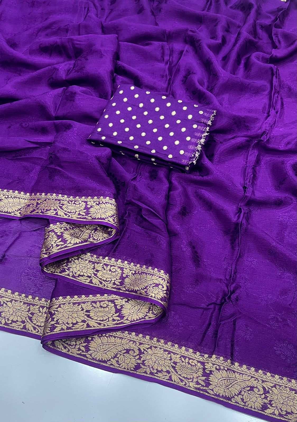 HOS Pure Chinon Chiffon Saree – Zari Weaving Border with Butti Brocade Blouse - House Of ShiVisha