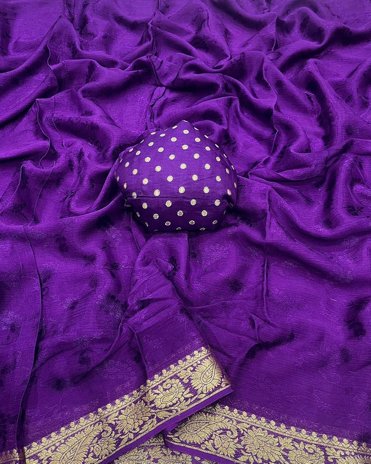 HOS Pure Chinon Chiffon Saree – Zari Weaving Border with Butti Brocade Blouse - House Of ShiVisha