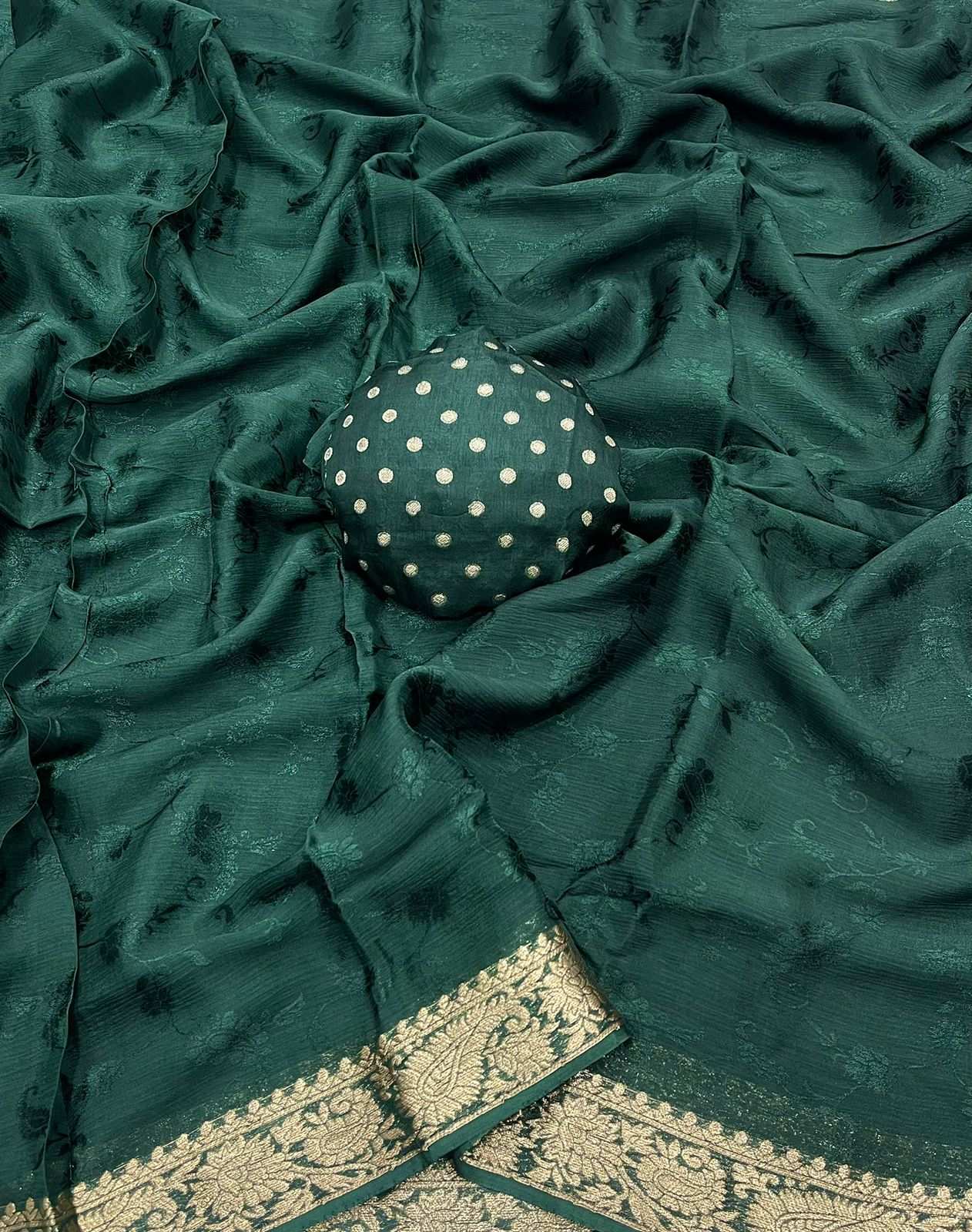 HOS Pure Chinon Chiffon Saree – Zari Weaving Border with Butti Brocade Blouse - House Of ShiVisha