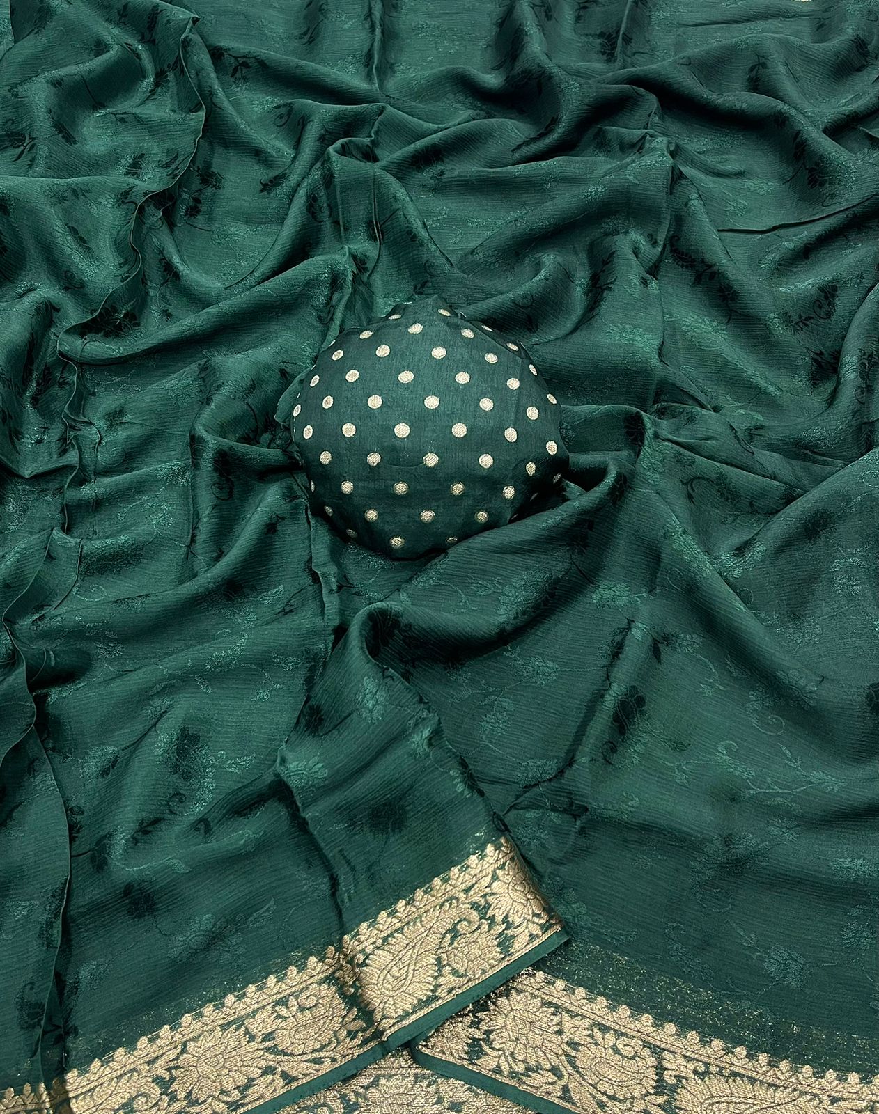 HOS Pure Chinon Chiffon Saree – Zari Weaving Border with Butti Brocade Blouse