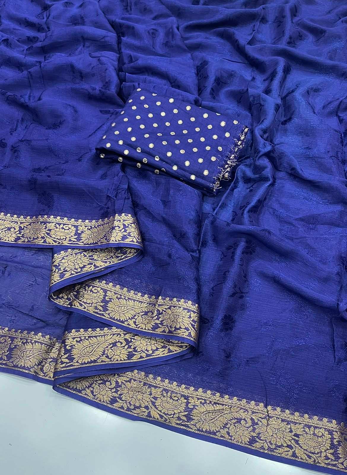 HOS Pure Chinon Chiffon Saree – Zari Weaving Border with Butti Brocade Blouse - House Of ShiVisha