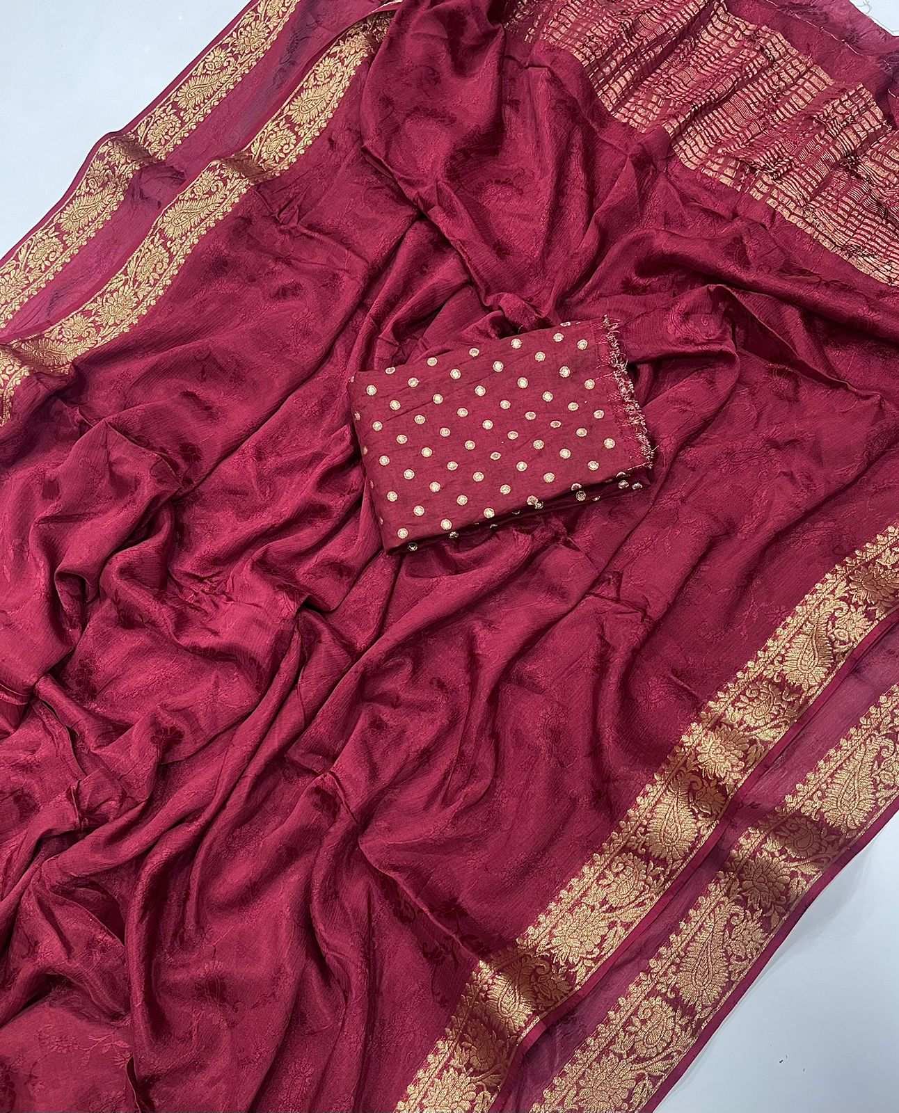 HOS Pure Chinon Chiffon Saree – Zari Weaving Border with Butti Brocade Blouse - House Of ShiVisha