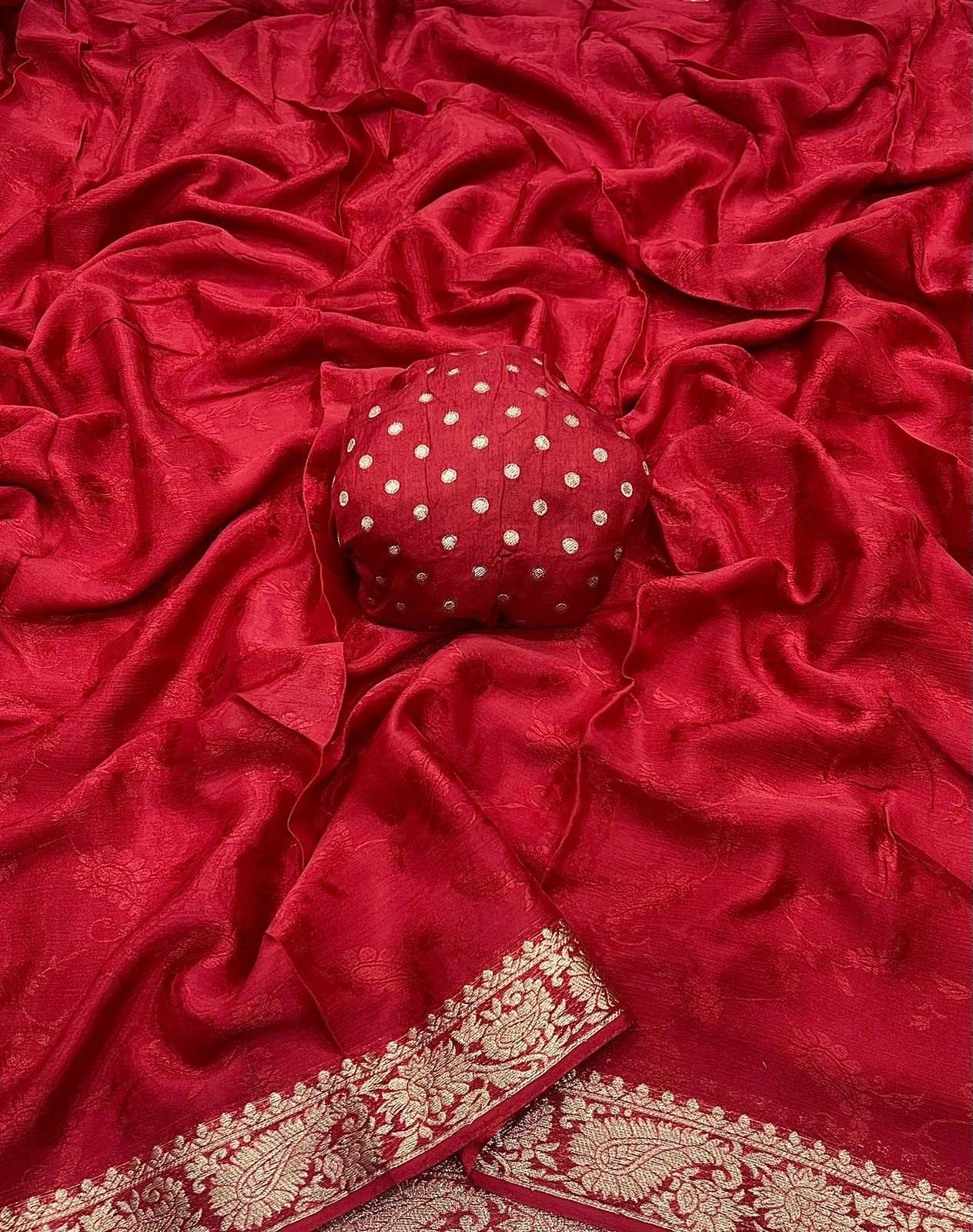 HOS Pure Chinon Chiffon Saree – Zari Weaving Border with Butti Brocade Blouse - House Of ShiVisha