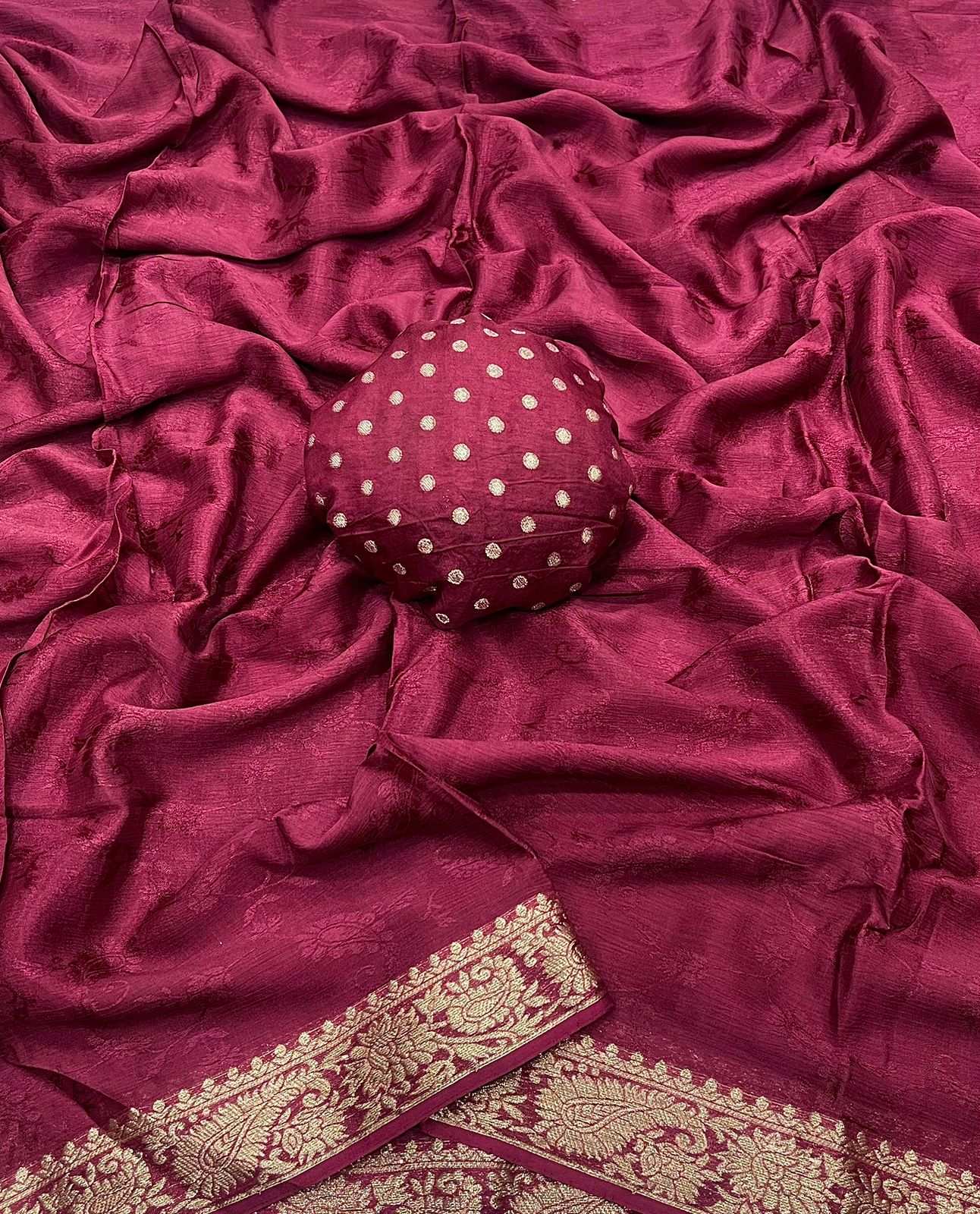 HOS Pure Chinon Chiffon Saree – Zari Weaving Border with Butti Brocade Blouse - House Of ShiVisha