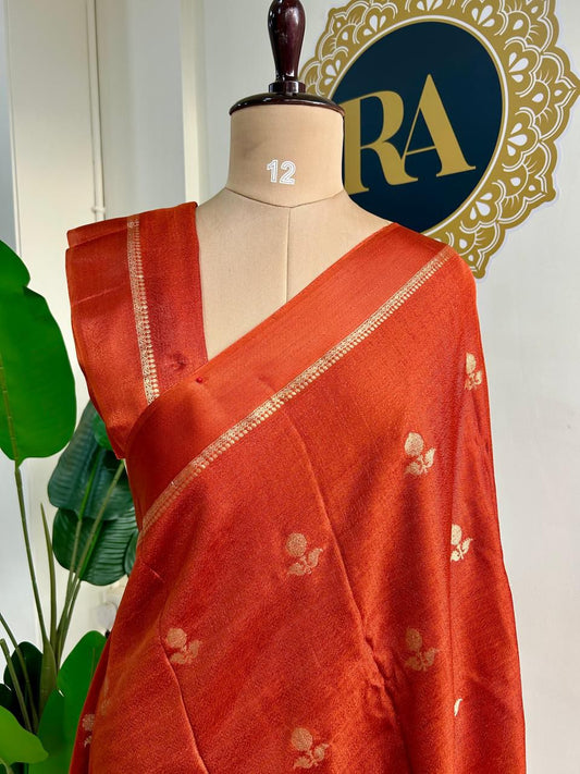 HOS Viscose Khadi Silk Saree – Jacquard Leaf Design with Satin Border & Running Blouse