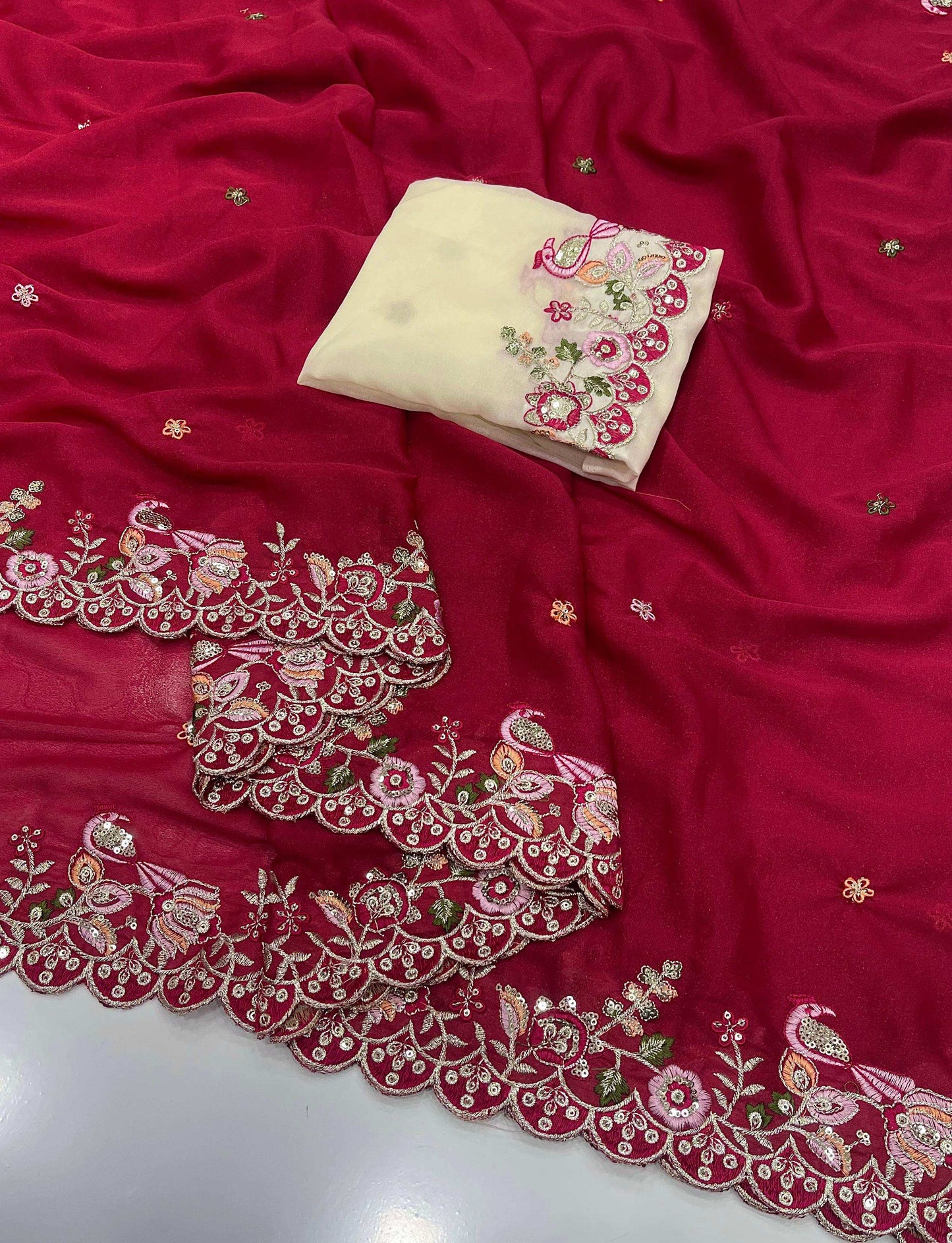 HOS Star Georgette Saree – Heavy Sequins Embroidery Work with Matching Blouse - House Of ShiVisha