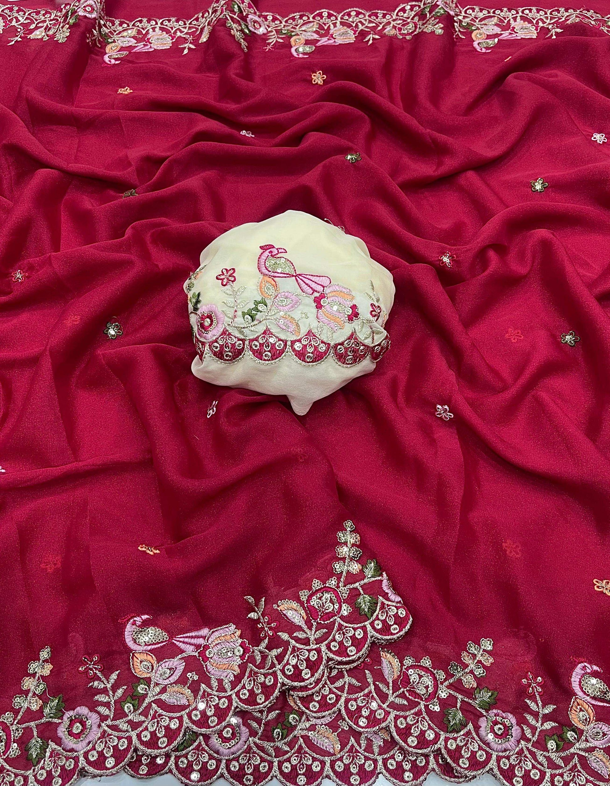 HOS Star Georgette Saree – Heavy Sequins Embroidery Work with Matching Blouse - House Of ShiVisha