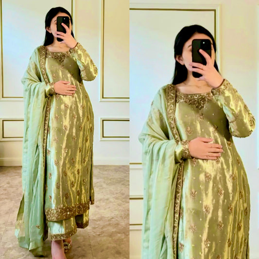 HOS WW-1174 Zimmy-Chu Silk Suit Set – Embroidered Top, Plazzo & Dupatta (Ready to Wear)