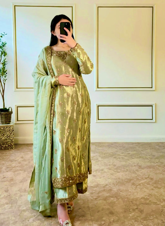 HOS WW-1174 Zimmy-Chu Silk Suit Set – Embroidered Top, Plazzo & Dupatta (Ready to Wear)