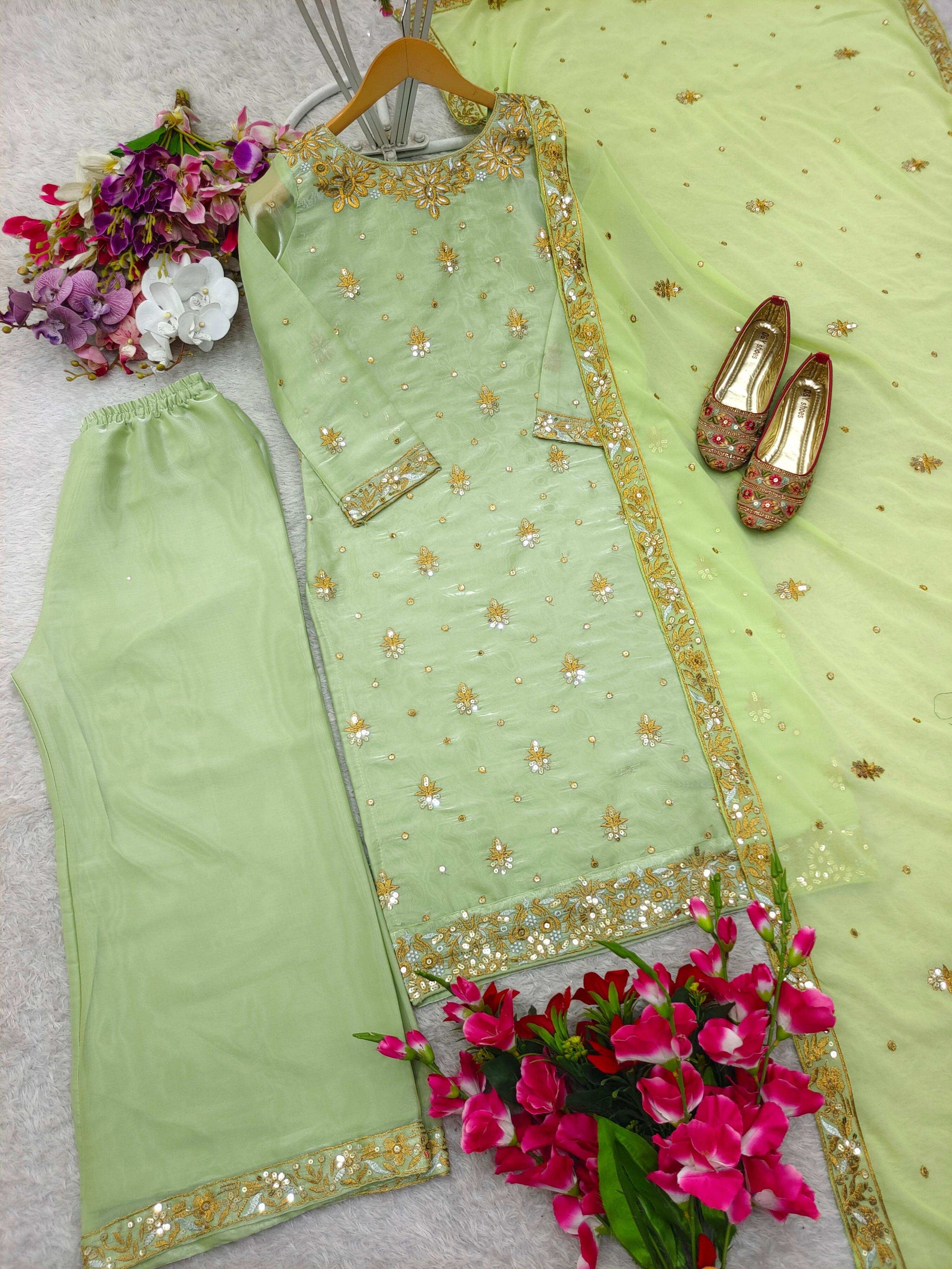 HOS WW-1174 Zimmy-Chu Silk Suit Set – Embroidered Top, Plazzo & Dupatta (Ready to Wear) - House Of ShiVisha