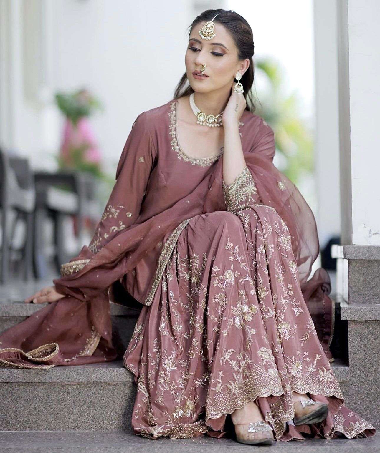 HOS WW-1168 Cinon Silk Suit Set – Embroidered Top, Sarara & Dupatta (Ready to Wear) - House Of ShiVisha