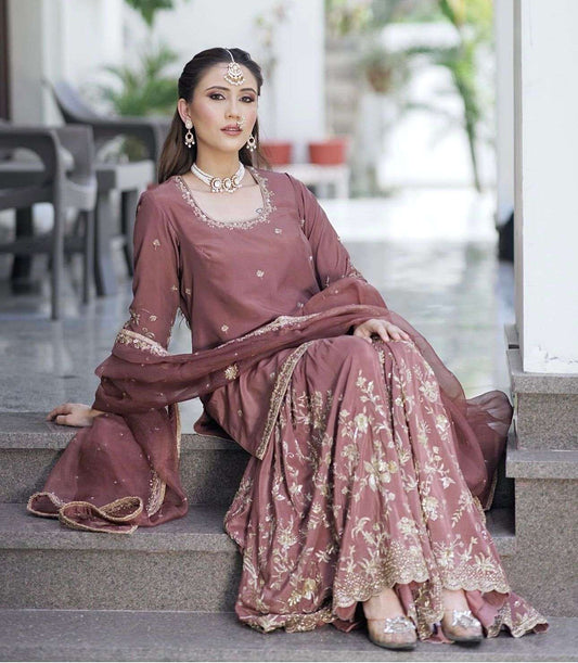 HOS WW-1168 Cinon Silk Suit Set – Embroidered Top, Sarara & Dupatta (Ready to Wear) - House Of ShiVisha