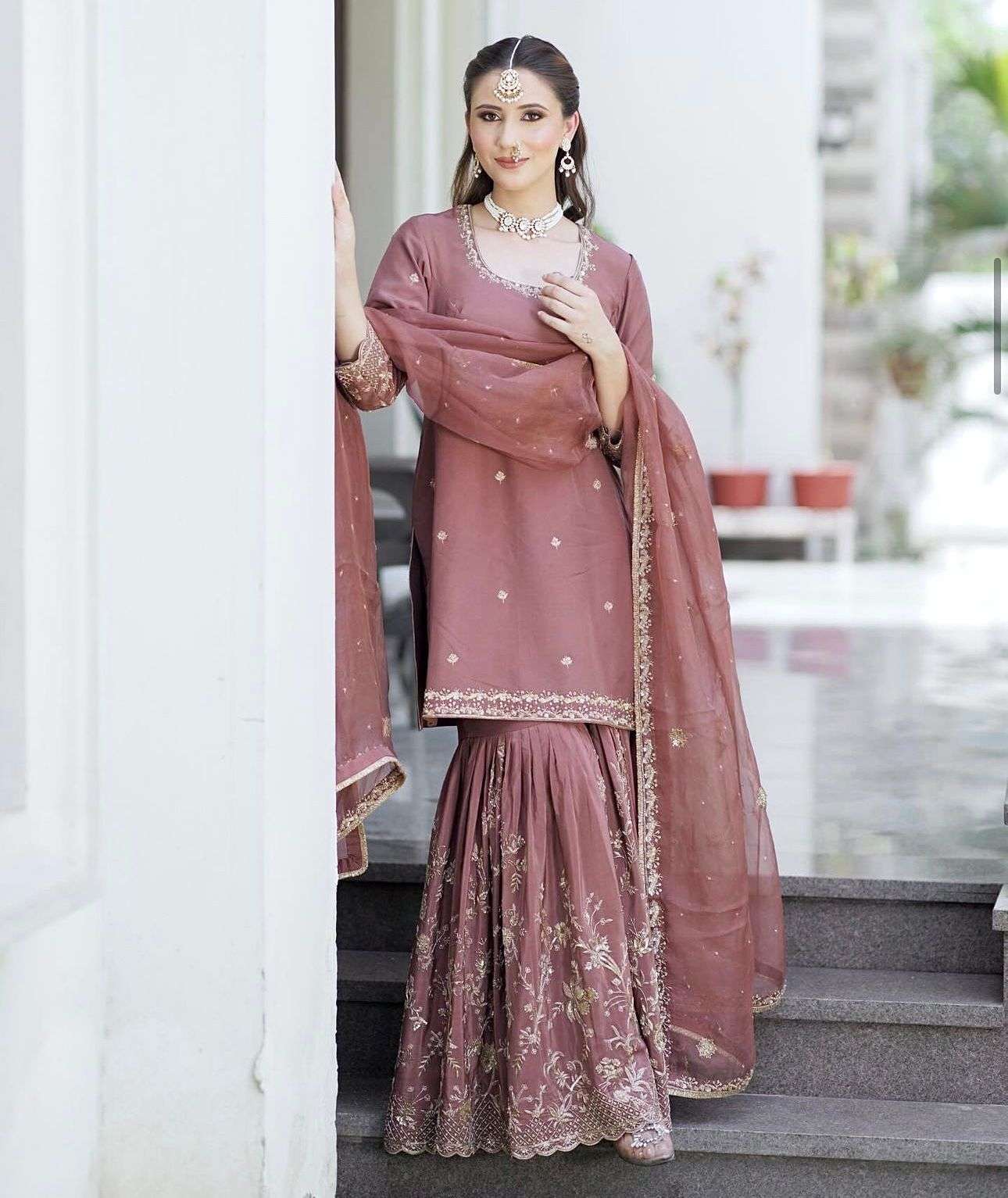 HOS WW-1168 Cinon Silk Suit Set – Embroidered Top, Sarara & Dupatta (Ready to Wear) - House Of ShiVisha