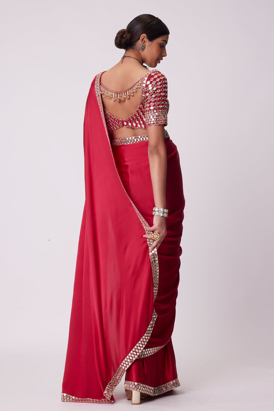 HOS ASN-71 Mirror Work Saree – Premium French Crape Silk with Heavy Real Mirror Border & Designer Blouse