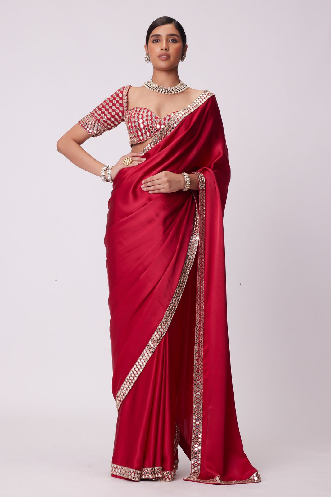 HOS ASN-71 Mirror Work Saree – Premium French Crape Silk with Heavy Real Mirror Border & Designer Blouse