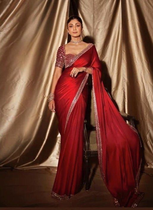 HOS ASN-71 Mirror Work Saree – Premium French Crape Silk with Heavy Real Mirror Border & Designer Blouse