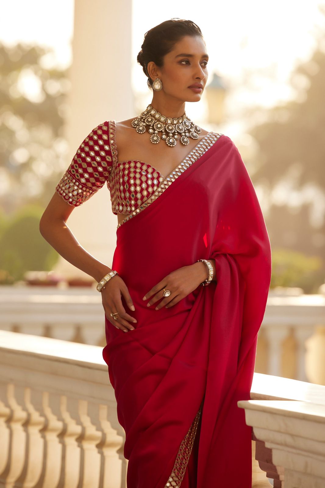HOS ASN-71 Mirror Work Saree – Premium French Crape Silk with Heavy Real Mirror Border & Designer Blouse