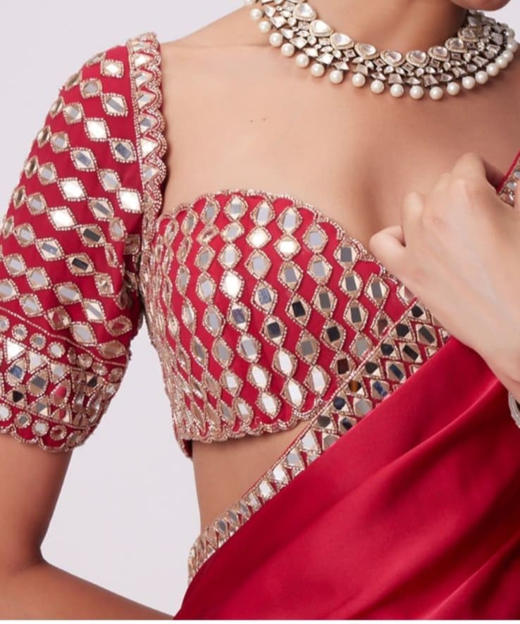 HOS ASN-71 Mirror Work Saree – Premium French Crape Silk with Heavy Real Mirror Border & Designer Blouse