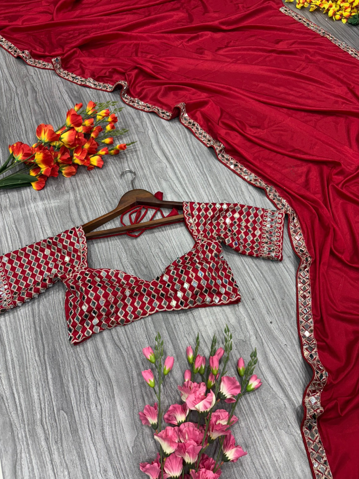 HOS ASN-71 Mirror Work Saree – Premium French Crape Silk with Heavy Real Mirror Border & Designer Blouse