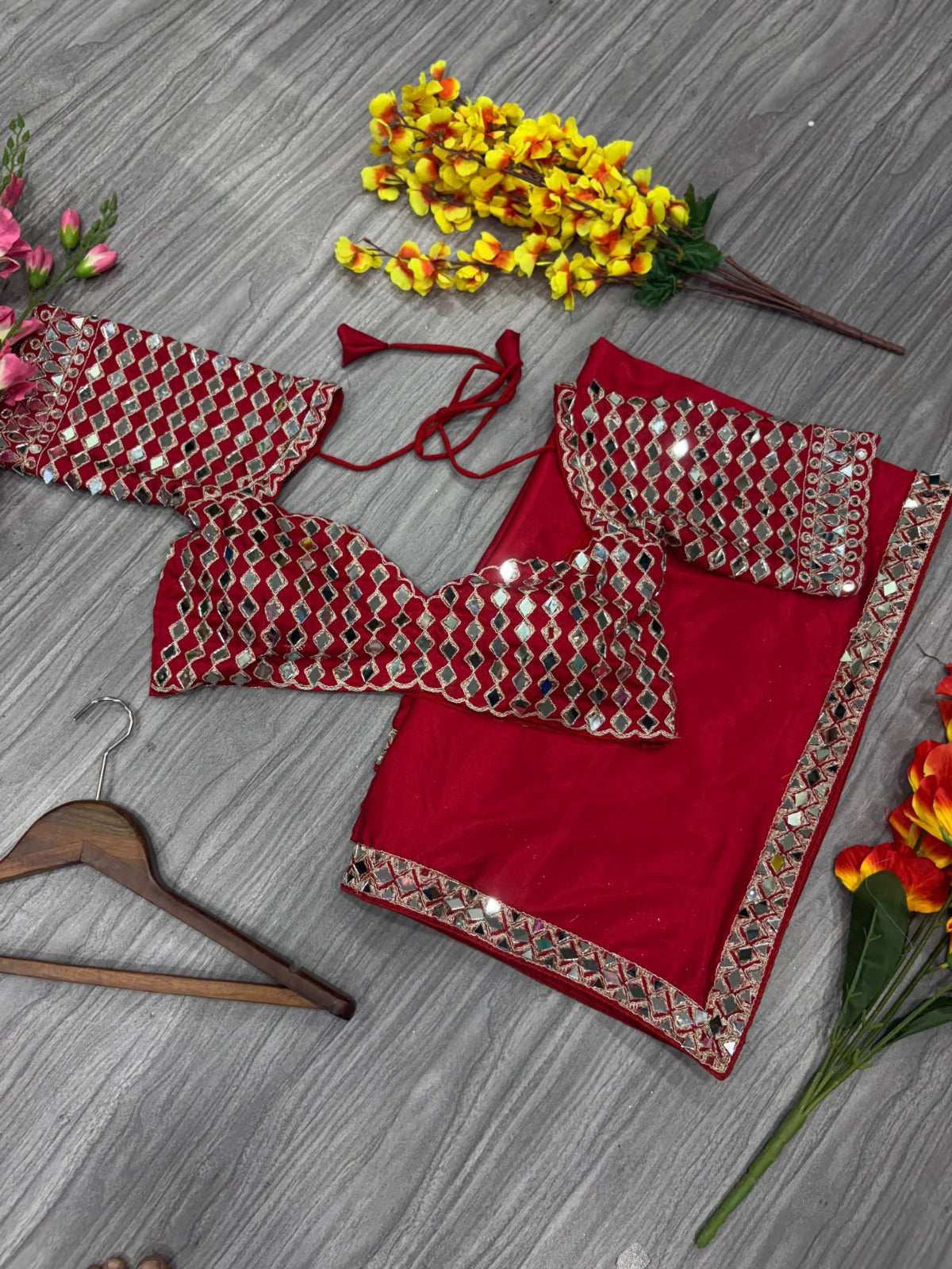 HOS ASN-71 Mirror Work Saree – Premium French Crape Silk with Heavy Real Mirror Border & Designer Blouse - House Of ShiVisha