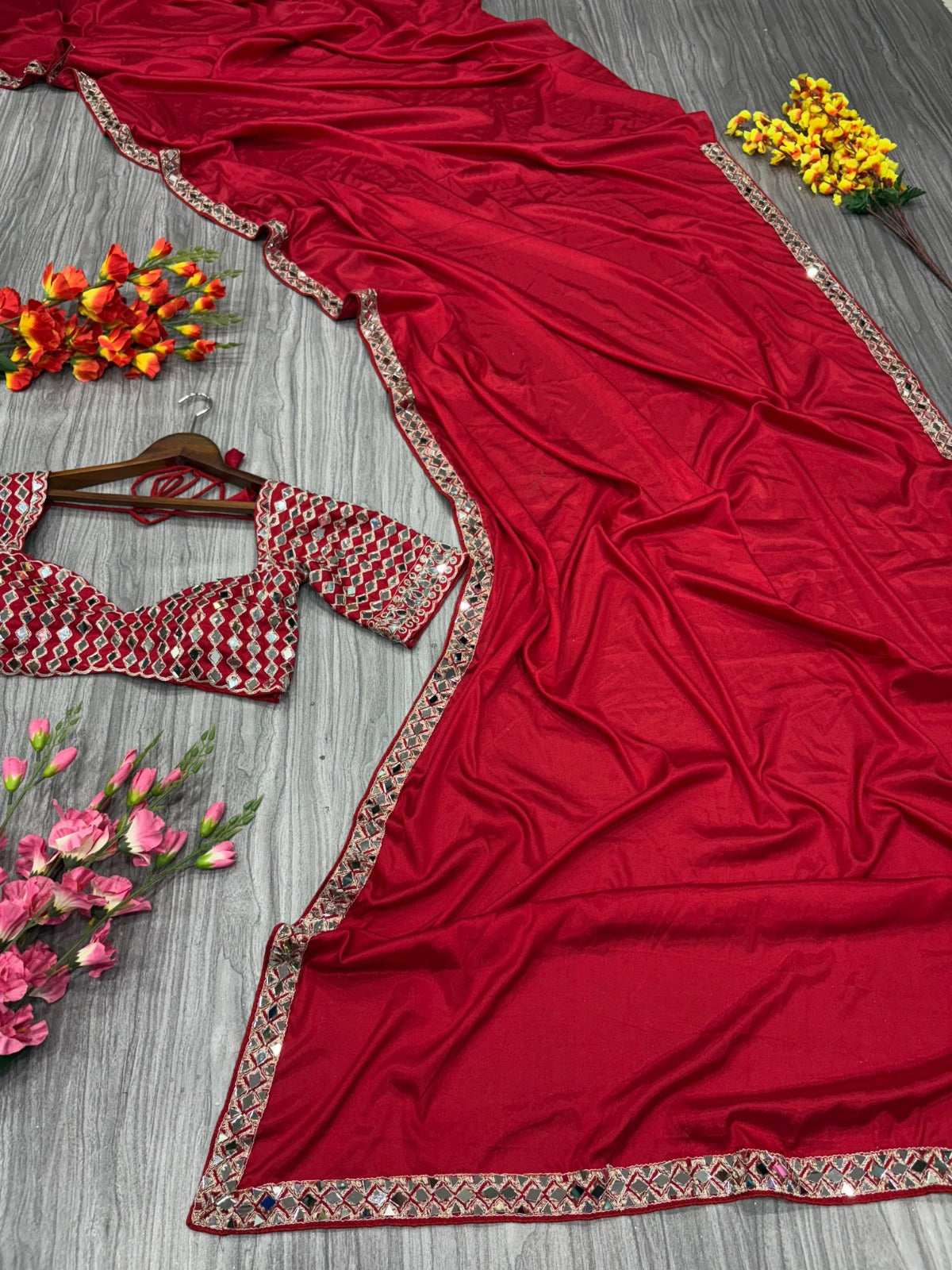 HOS ASN-71 Mirror Work Saree – Premium French Crape Silk with Heavy Real Mirror Border & Designer Blouse - House Of ShiVisha