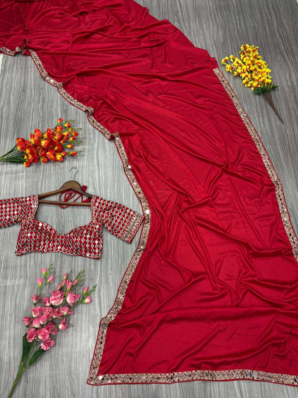 HOS ASN-71 Mirror Work Saree – Premium French Crape Silk with Heavy Real Mirror Border & Designer Blouse - House Of ShiVisha