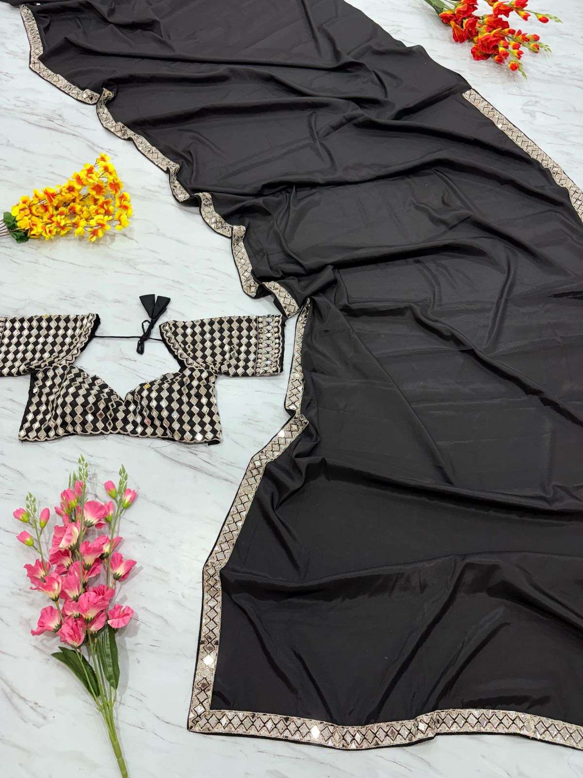 HOS ASN-71 Mirror Work Saree – Premium French Crape Silk with Heavy Real Mirror Border & Designer Blouse - House Of ShiVisha