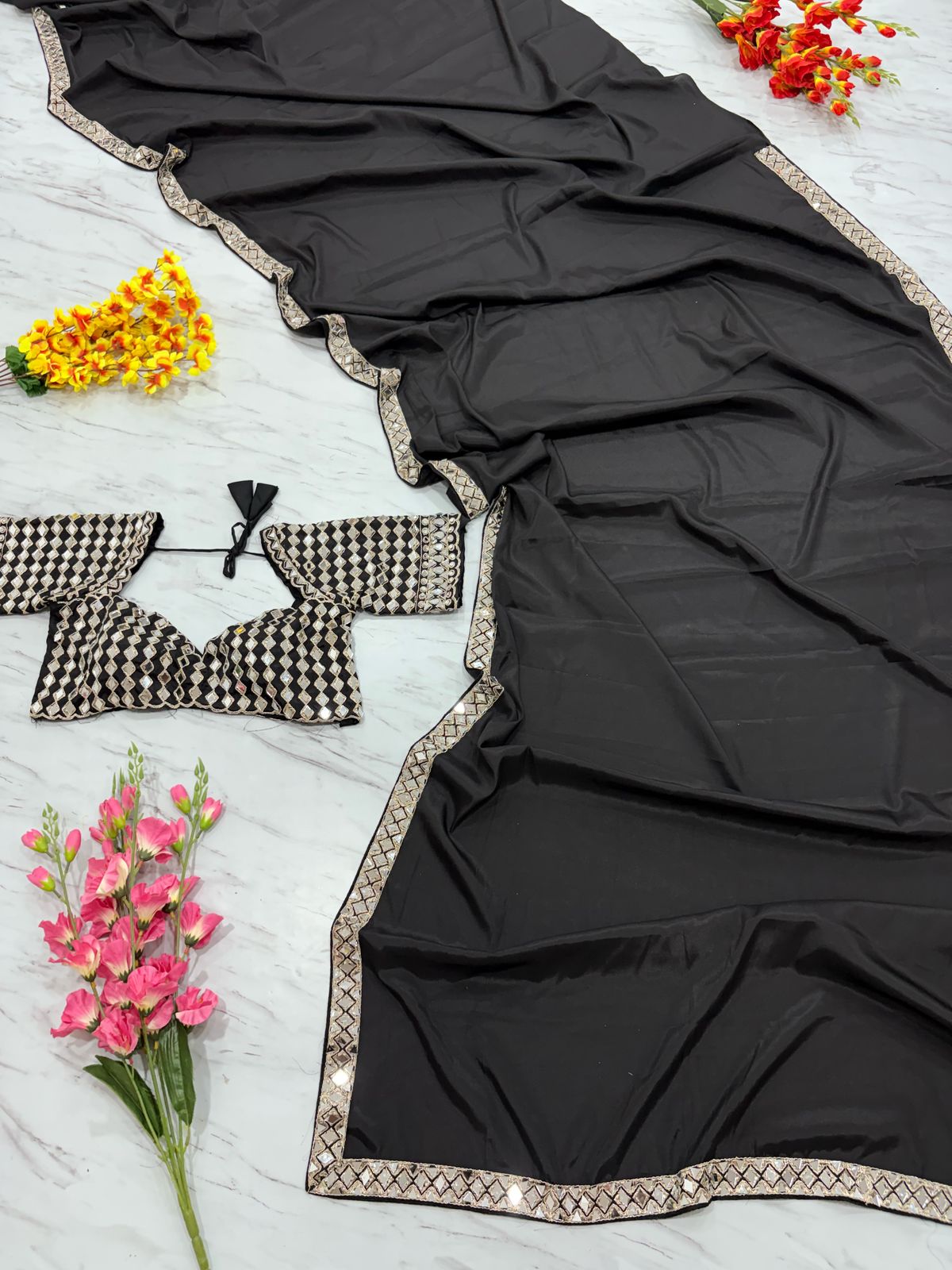 HOS ASN-71 Mirror Work Saree – Premium French Crape Silk with Heavy Real Mirror Border & Designer Blouse