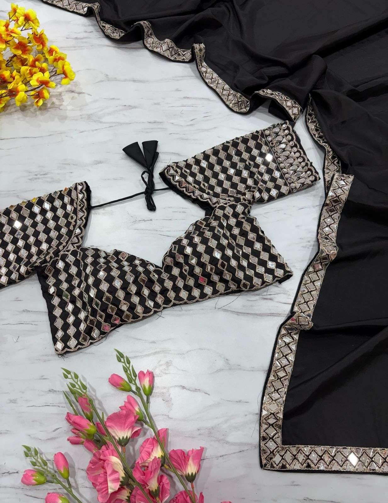 HOS ASN-71 Mirror Work Saree – Premium French Crape Silk with Heavy Real Mirror Border & Designer Blouse - House Of ShiVisha