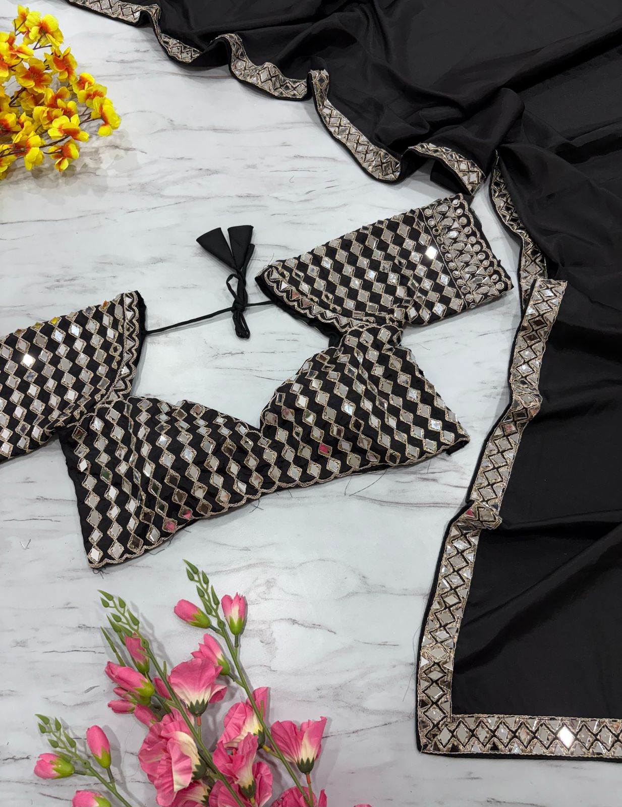 HOS ASN-71 Mirror Work Saree – Premium French Crape Silk with Heavy Real Mirror Border & Designer Blouse