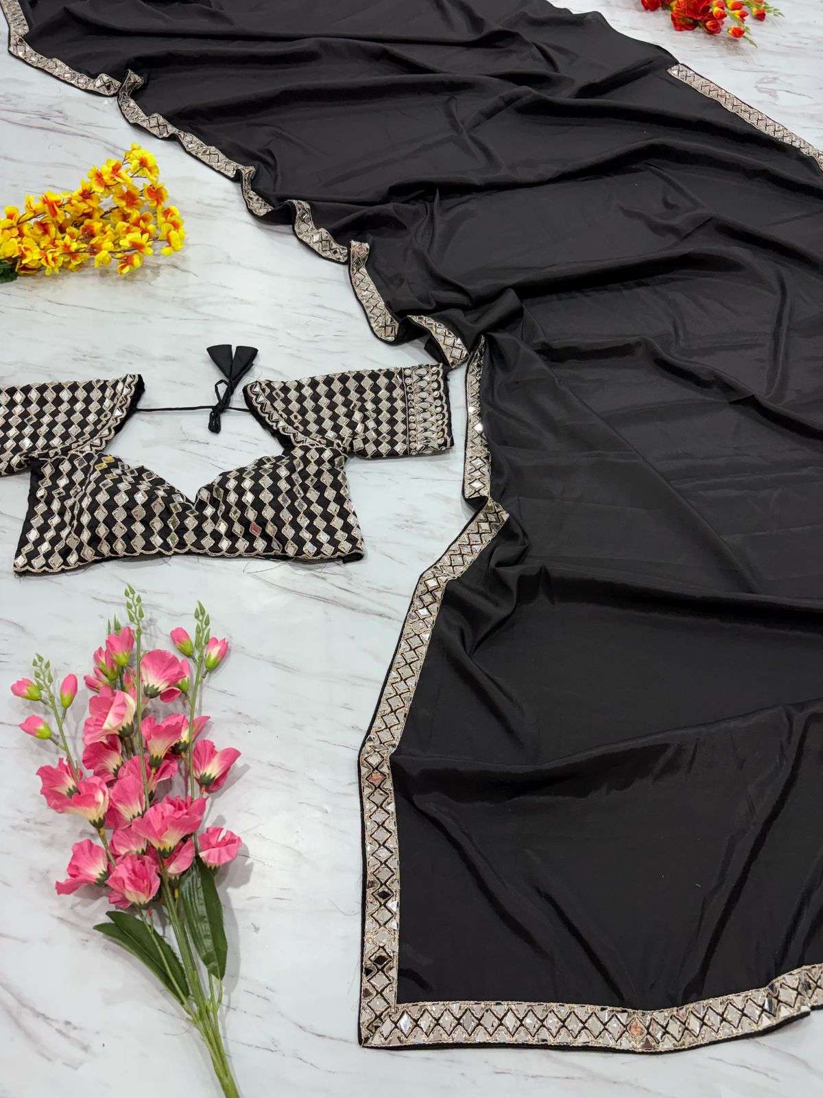 HOS ASN-71 Mirror Work Saree – Premium French Crape Silk with Heavy Real Mirror Border & Designer Blouse - House Of ShiVisha