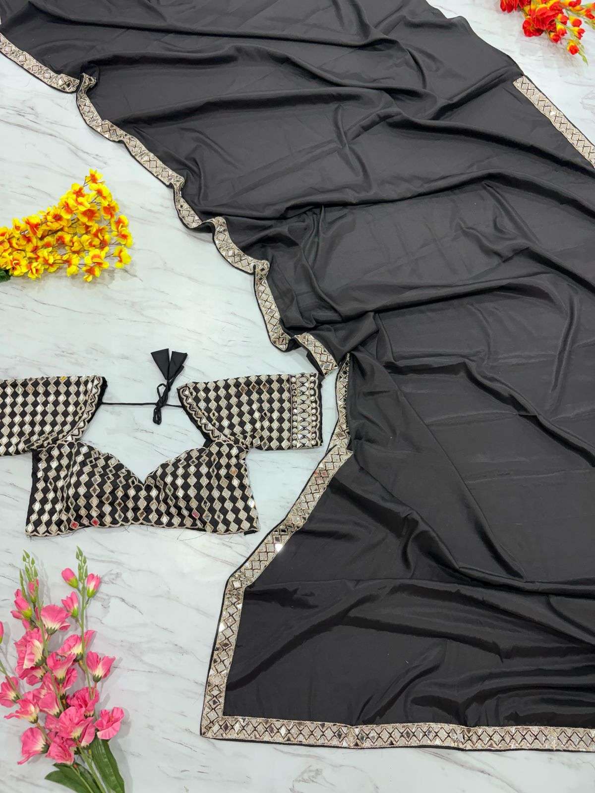 HOS ASN-71 Mirror Work Saree – Premium French Crape Silk with Heavy Real Mirror Border & Designer Blouse - House Of ShiVisha