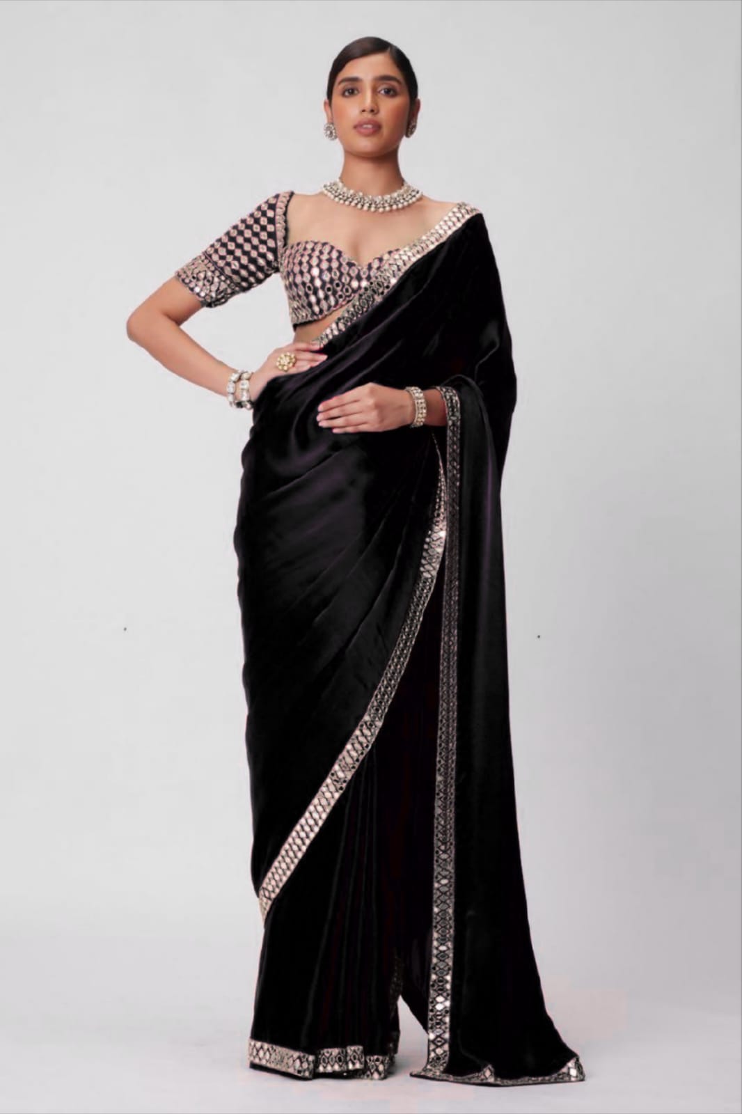 HOS ASN-71 Mirror Work Saree – Premium French Crape Silk with Heavy Real Mirror Border & Designer Blouse
