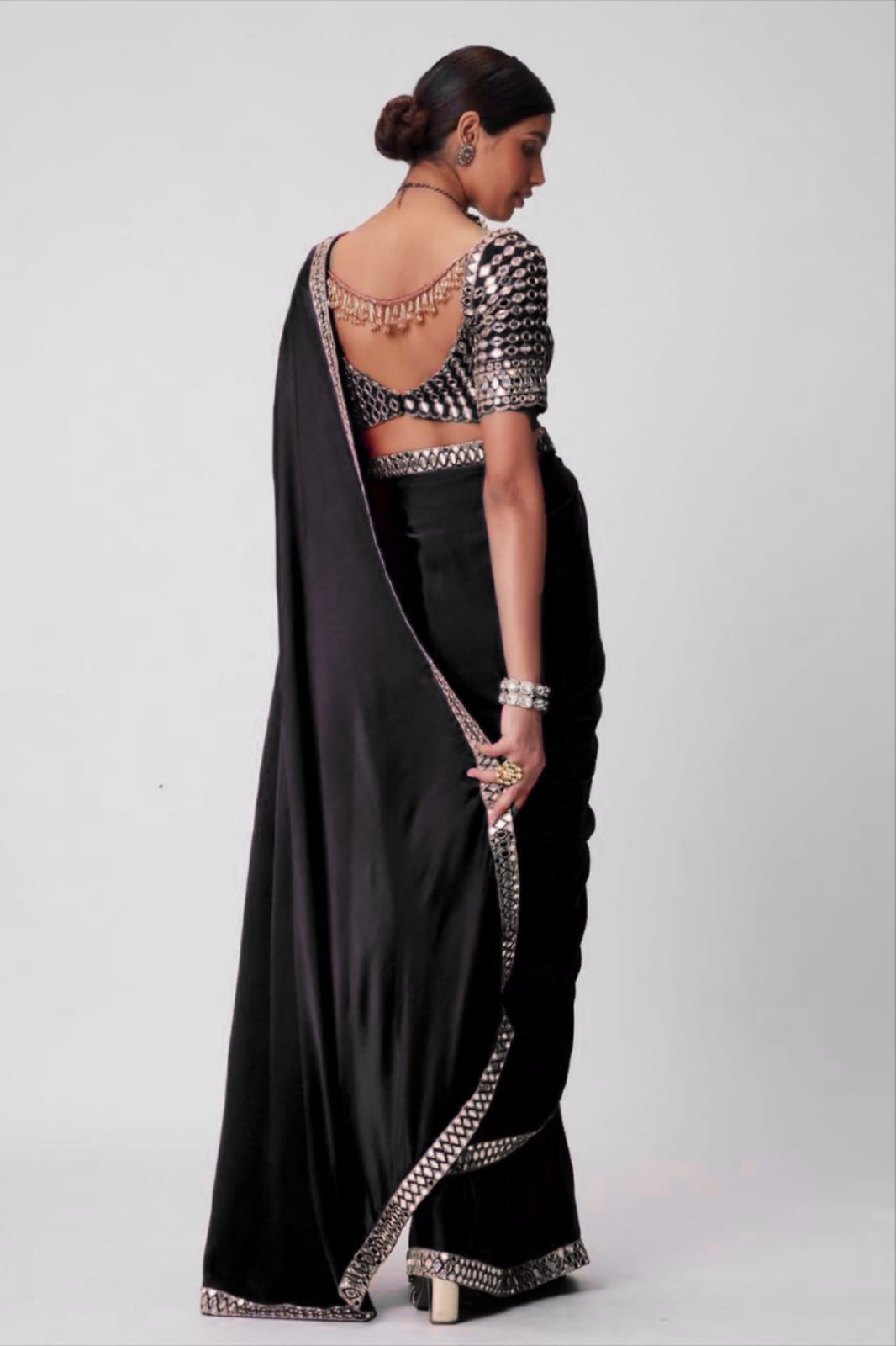 HOS ASN-71 Mirror Work Saree – Premium French Crape Silk with Heavy Real Mirror Border & Designer Blouse