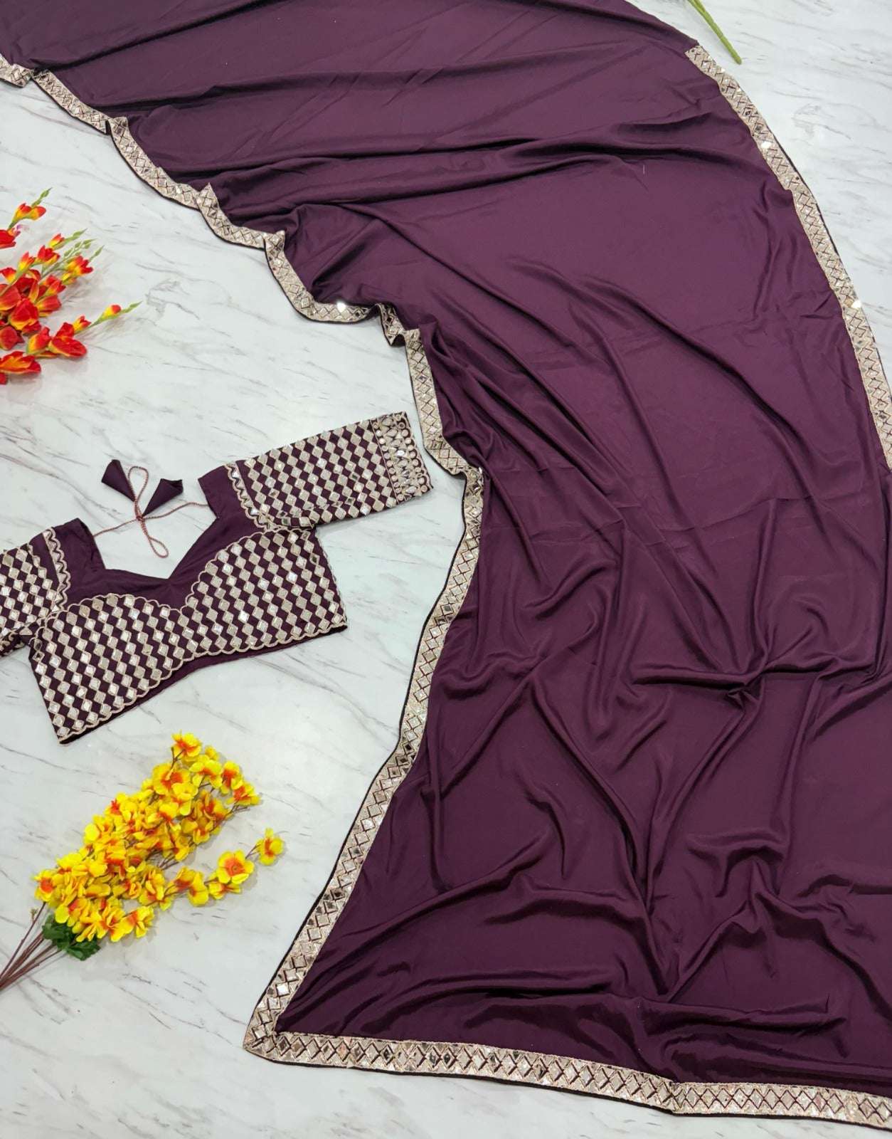 HOS ASN-71 Mirror Work Saree – Premium French Crape Silk with Heavy Real Mirror Border & Designer Blouse - House Of ShiVisha