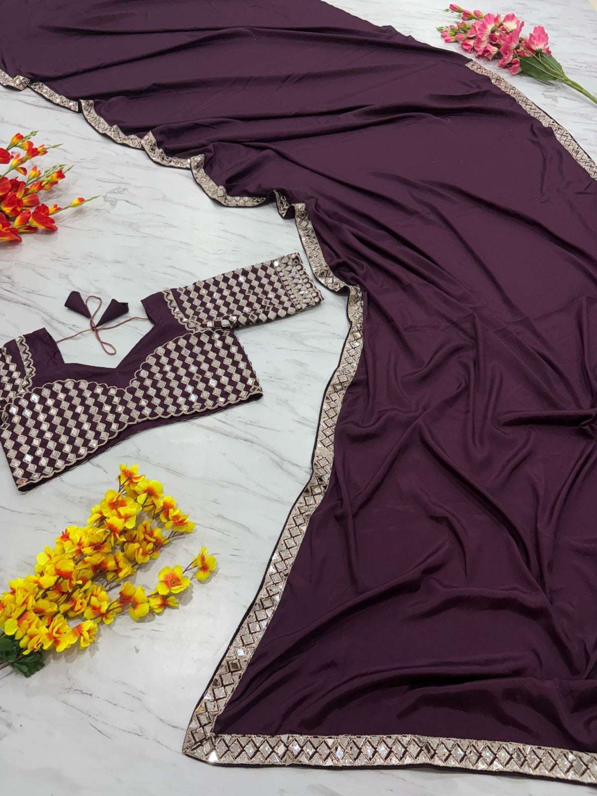 HOS ASN-71 Mirror Work Saree – Premium French Crape Silk with Heavy Real Mirror Border & Designer Blouse - House Of ShiVisha