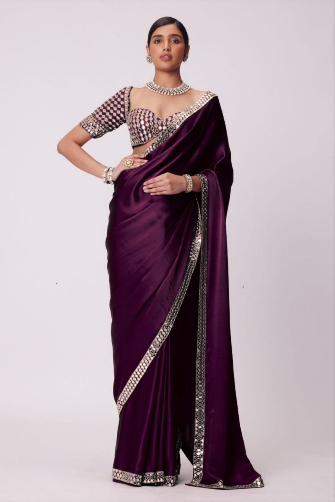 HOS ASN-71 Mirror Work Saree – Premium French Crape Silk with Heavy Real Mirror Border & Designer Blouse