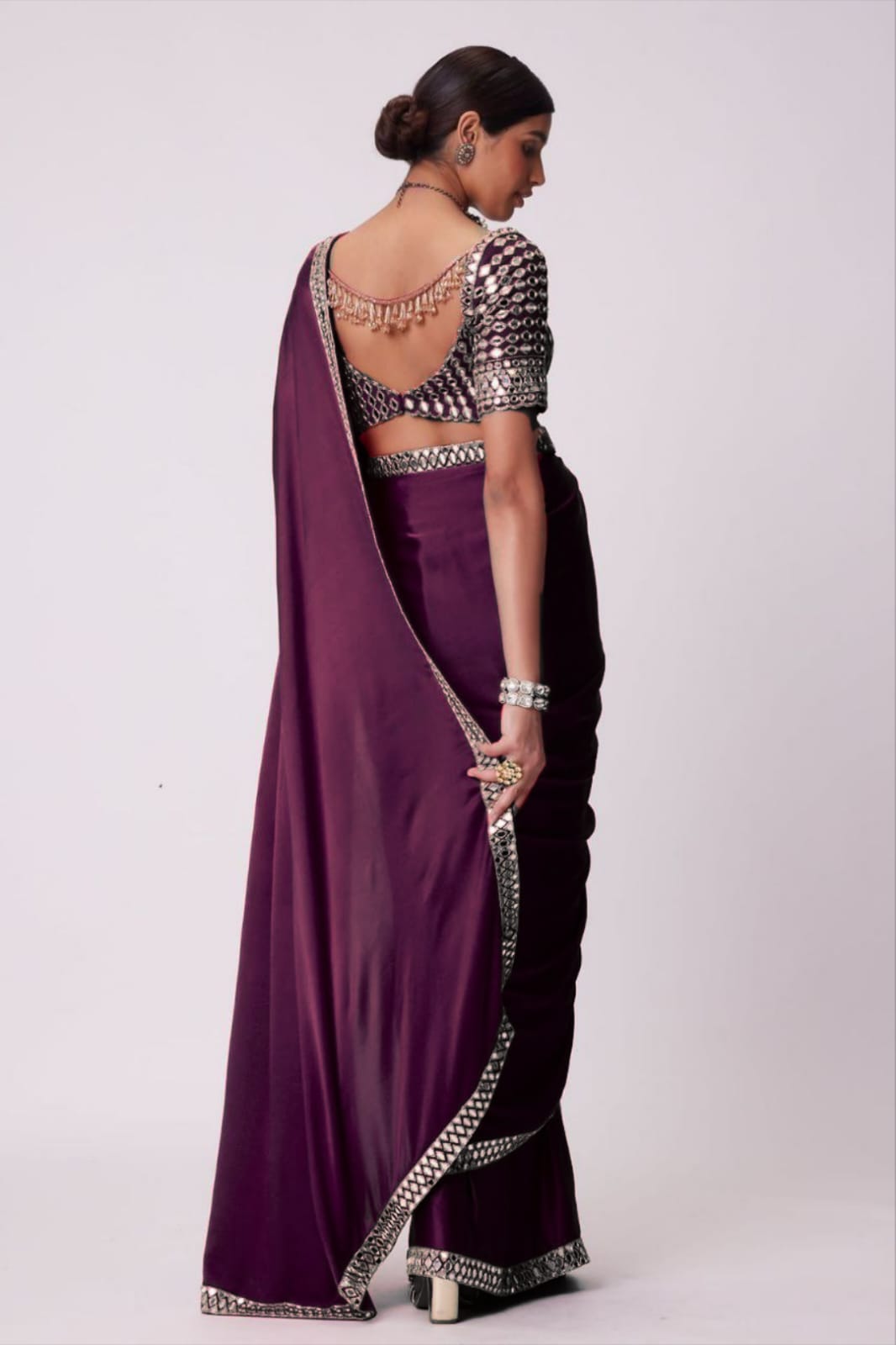 HOS ASN-71 Mirror Work Saree – Premium French Crape Silk with Heavy Real Mirror Border & Designer Blouse