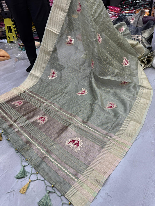 HOS Designer Tissue Silk Saree – Gota Patti Work with Running Blouse (12 Colors)