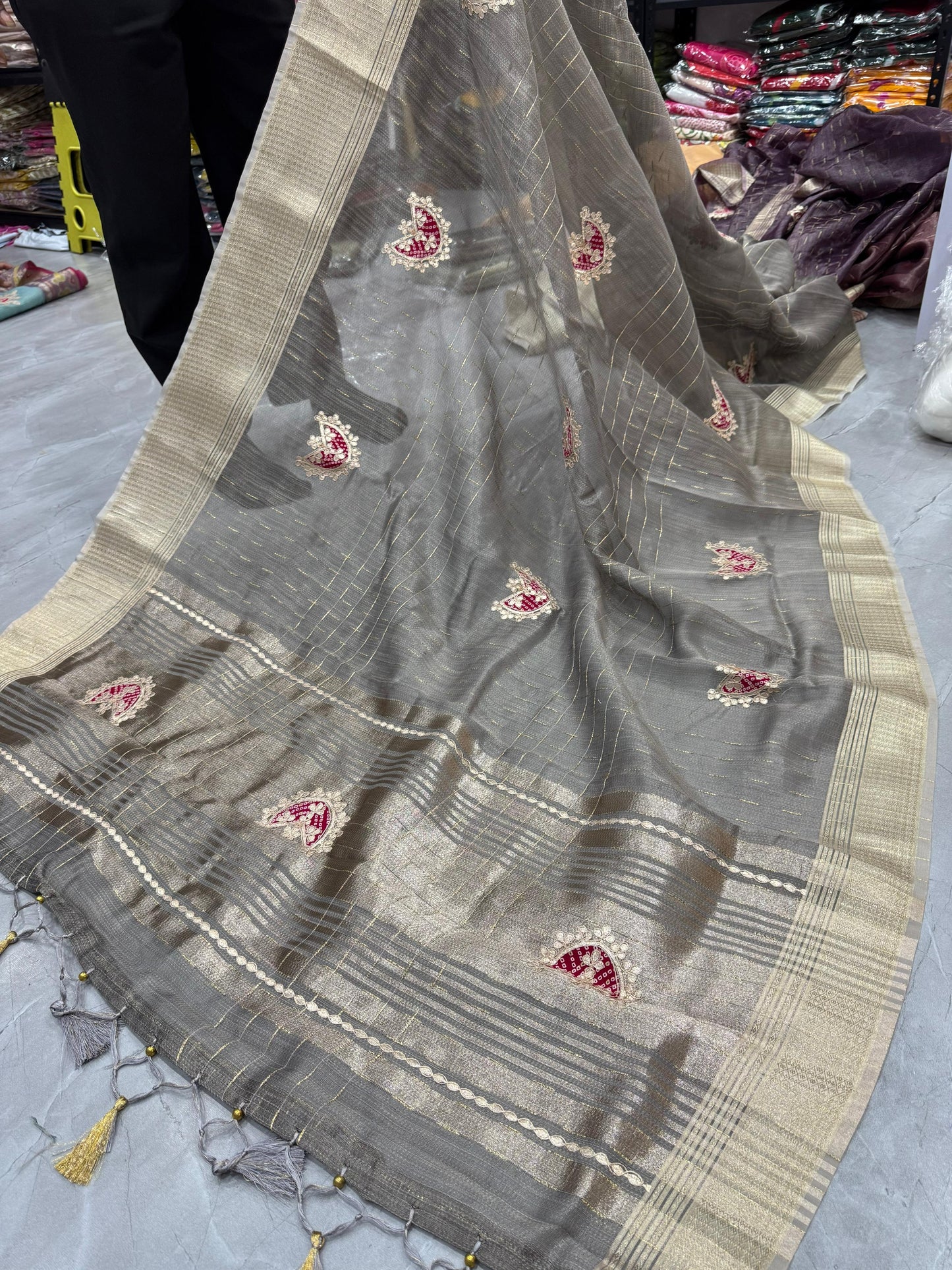 HOS Designer Tissue Silk Saree – Gota Patti Work with Running Blouse (12 Colors)