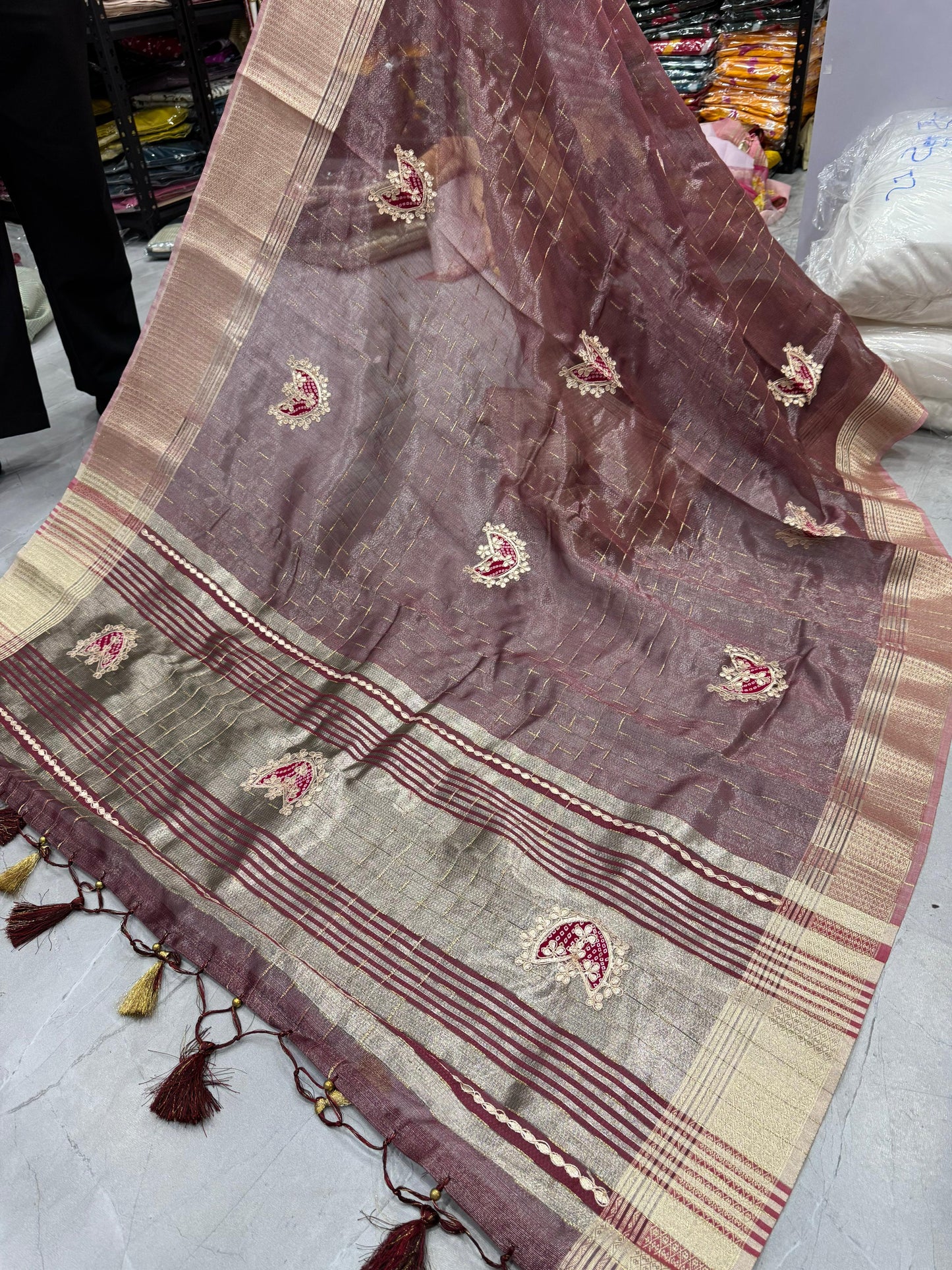 HOS Designer Tissue Silk Saree – Gota Patti Work with Running Blouse (12 Colors)