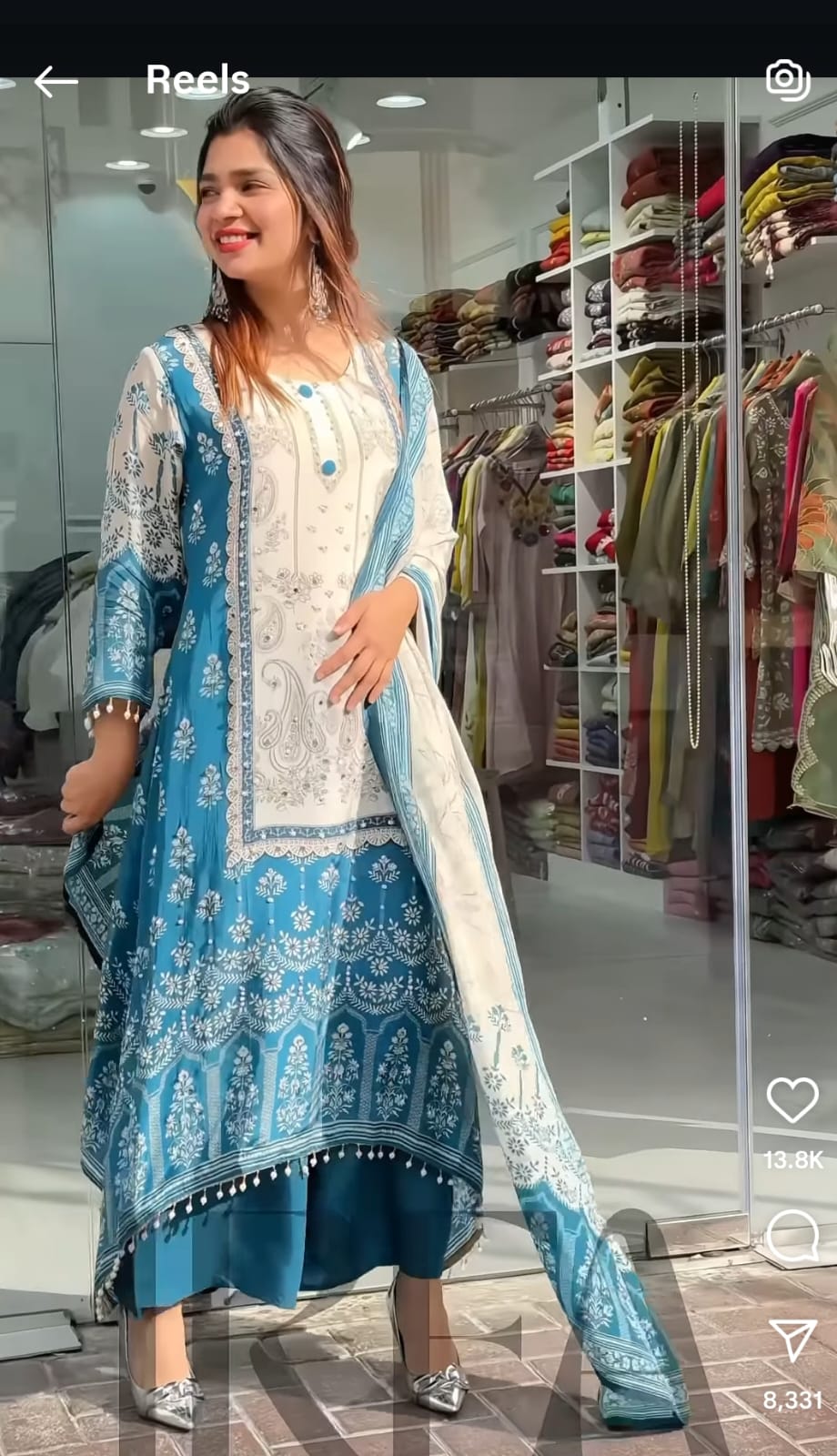 HOS Berry Silk Suit Set – Hand Mirror Work Kurti with Pant & Dupatta (Teal Blue & Ivory)