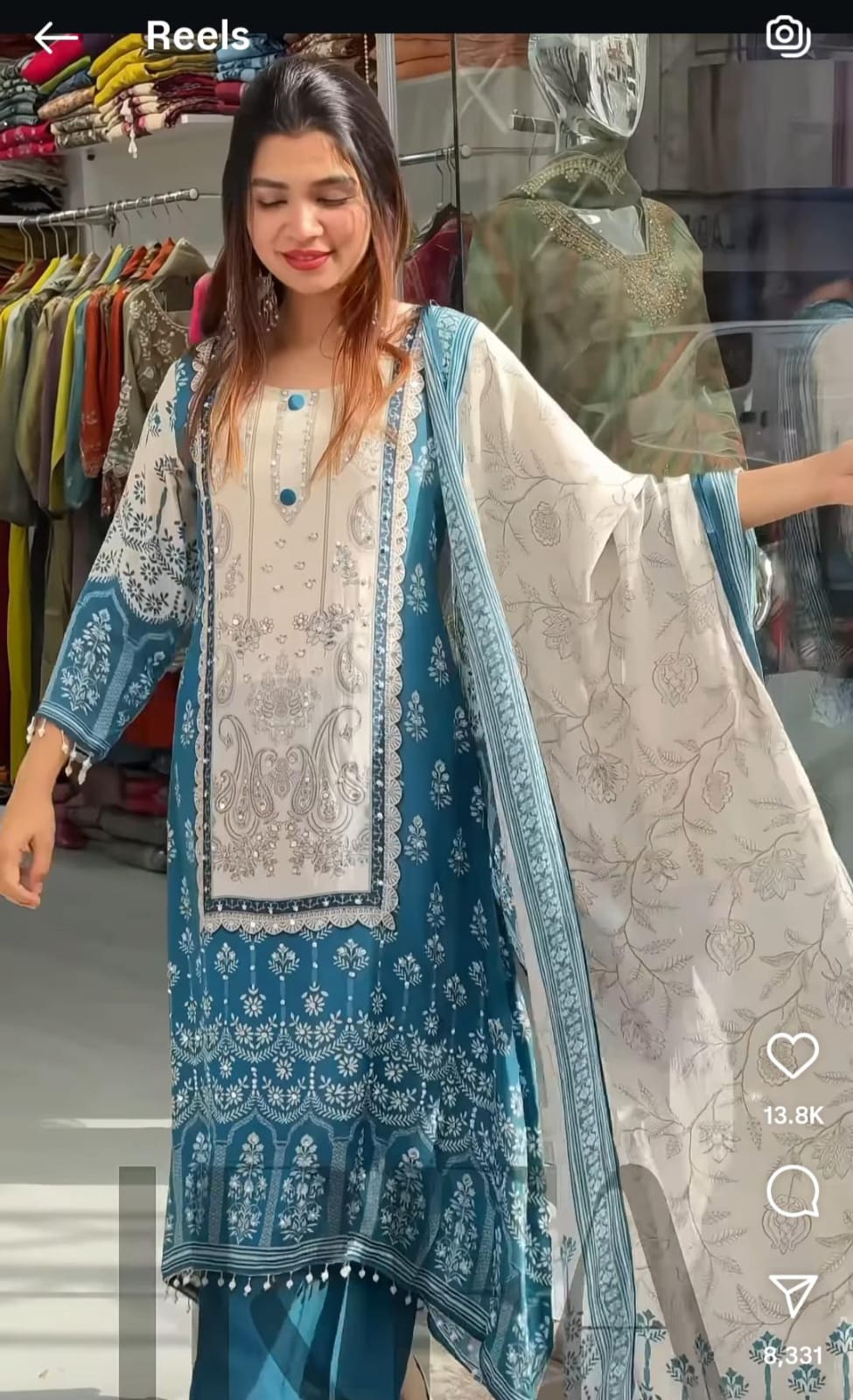 HOS Berry Silk Suit Set – Hand Mirror Work Kurti with Pant & Dupatta (Teal Blue & Ivory)