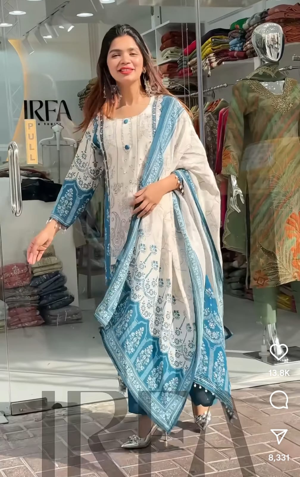 HOS Berry Silk Suit Set – Hand Mirror Work Kurti with Pant & Dupatta (Teal Blue & Ivory)
