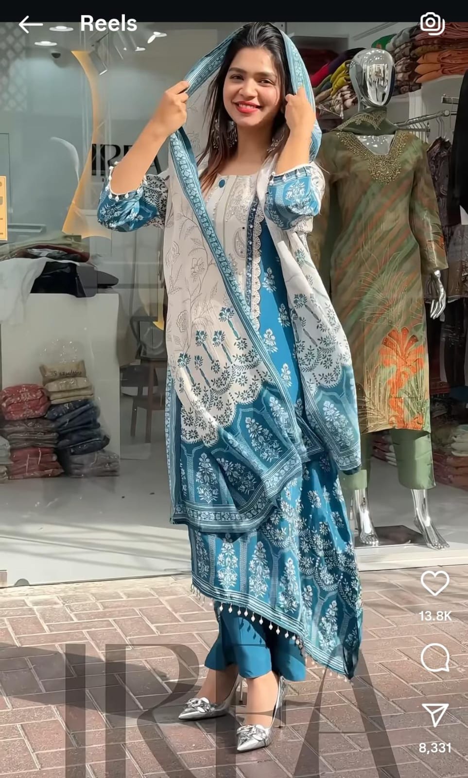 HOS Berry Silk Suit Set – Hand Mirror Work Kurti with Pant & Dupatta (Teal Blue & Ivory)