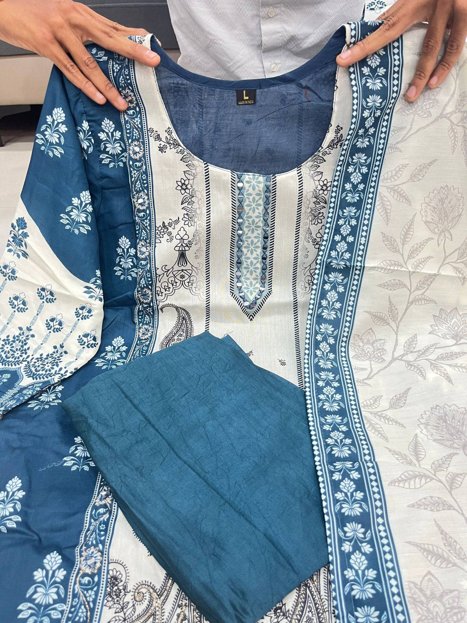 HOS Berry Silk Suit Set – Hand Mirror Work Kurti with Pant & Dupatta (Teal Blue & Ivory)